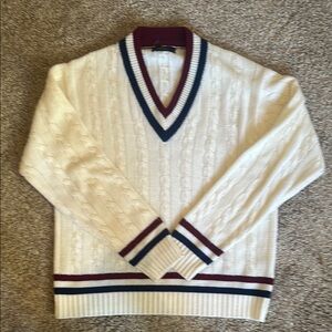 Men's White Tennis V-Neck Sweater Size L